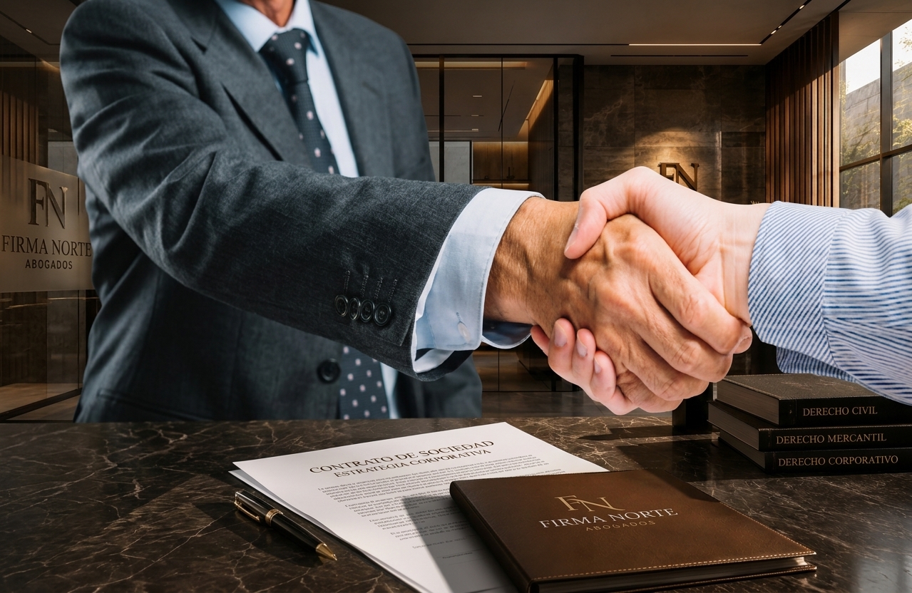 Apretón de manos sobre un contrato de sociedad en las oficinas de Firma Norte Abogados